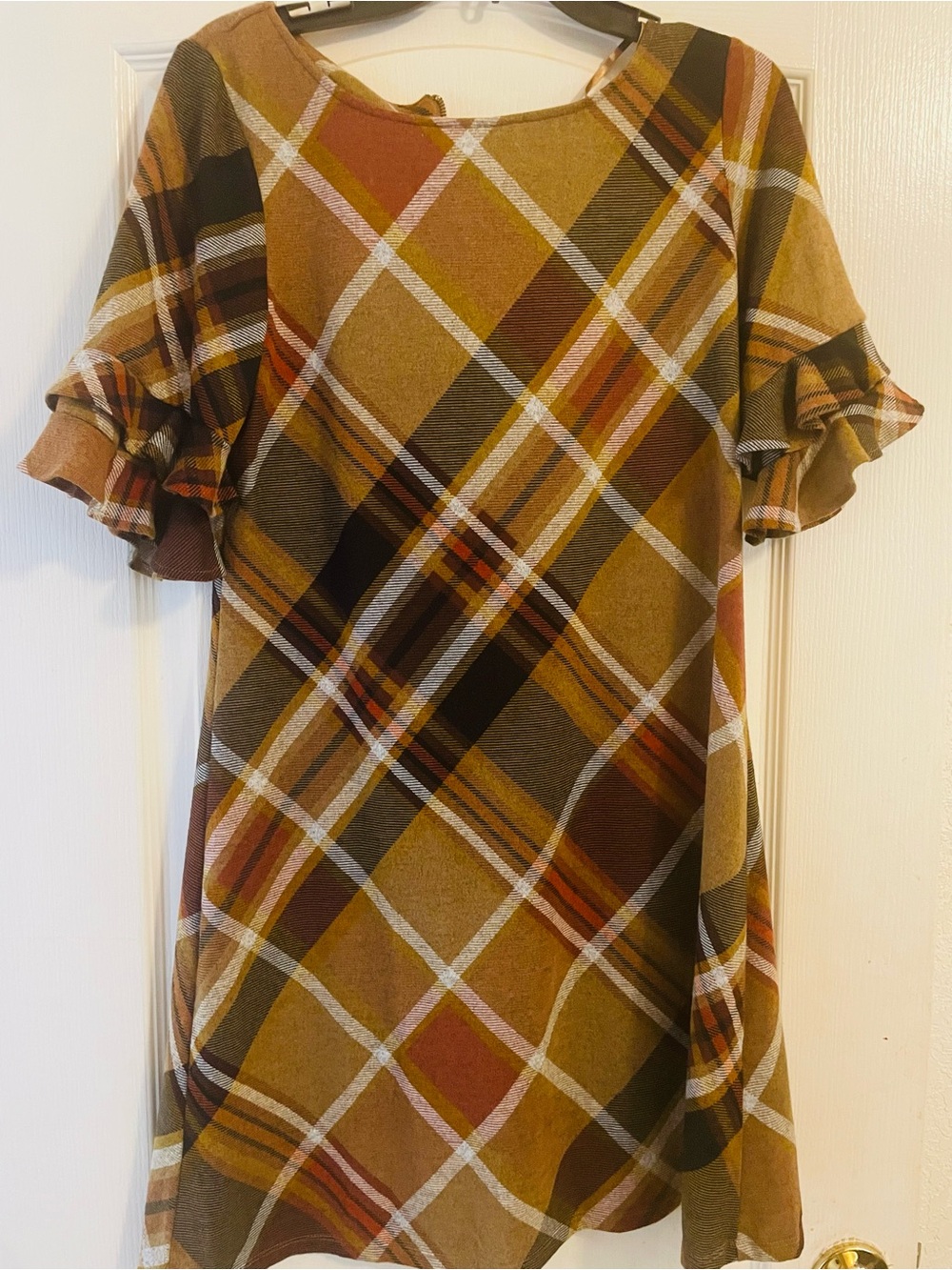 Women’s Perceptions Short Ruffle Sleeve Plaid Shift Dress Size M